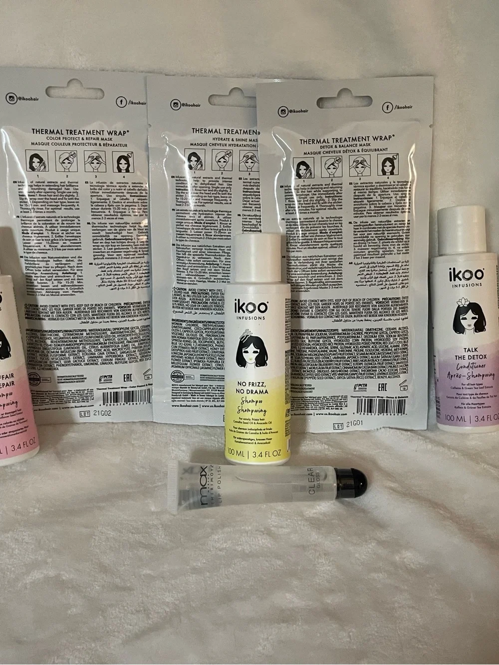 3 Hair Thermal Treatment Wraps & 3 No Frizz Shampoo - and a lip gloss